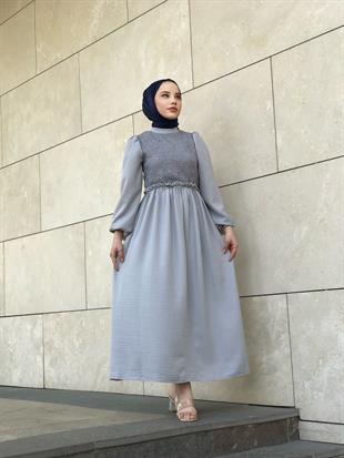 Balon Kol Beli Lastikli Güpür Detay Elbise Gri