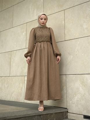 Balon Kol Beli Lastikli Güpür Detay Elbise Camel