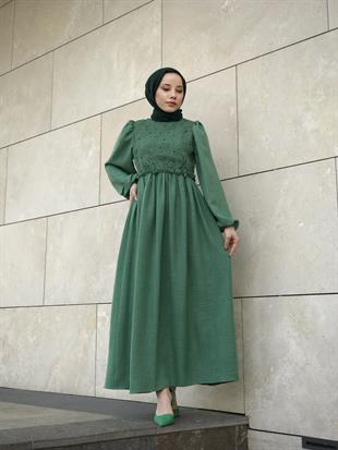 Balon Kol Beli Lastikli Güpür Detay Elbise Yeşil