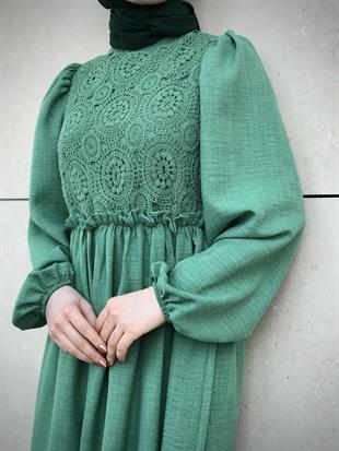 Balon Kol Beli Lastikli Güpür Detay Elbise Yeşil