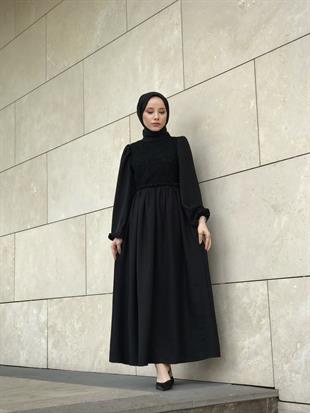 Balon Kol Beli Lastikli Güpür Detay Elbise Siyah