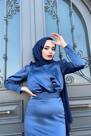 Balon Kol Geniş Manşet Kalem Saten Abiye İndigo