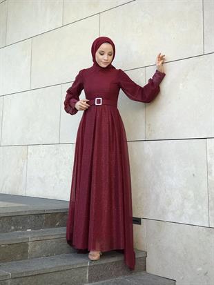 Balon Kol Kuyruklu Simli Abiye Bordo