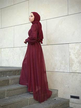 Balon Kol Kuyruklu Simli Abiye Bordo