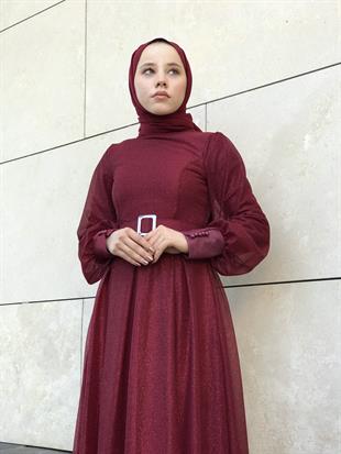 Balon Kol Kuyruklu Simli Abiye Bordo