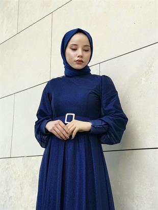 Balon Kol Kuyruklu Simli Abiye Lacivert