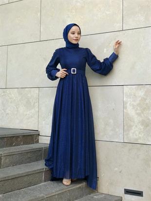 Balon Kol Kuyruklu Simli Abiye Lacivert