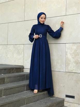 Balon Kol Kuyruklu Simli Abiye Lacivert