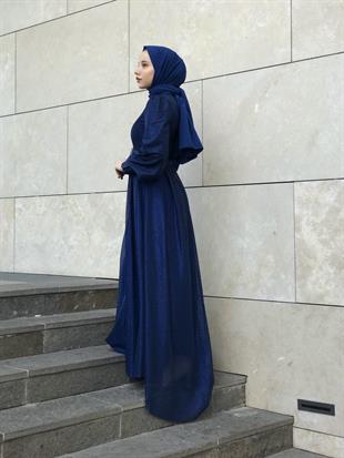 Balon Kol Kuyruklu Simli Abiye Lacivert