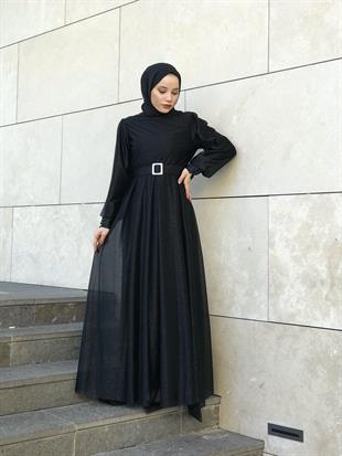 Balon Kol Kuyruklu Simli Abiye Siyah