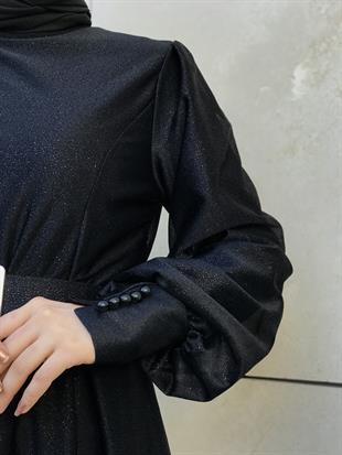 Balon Kol Kuyruklu Simli Abiye Siyah