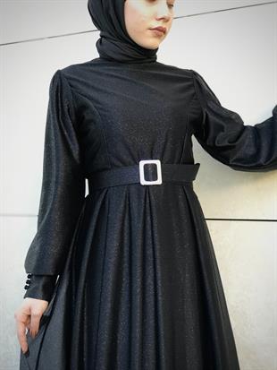 Balon Kol Kuyruklu Simli Abiye Siyah