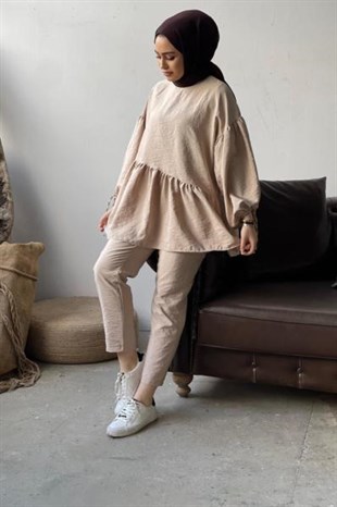 Balon Kol Pantolonlu Takım Bej
