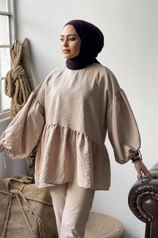 Balon Kol Pantolonlu Takım Bej