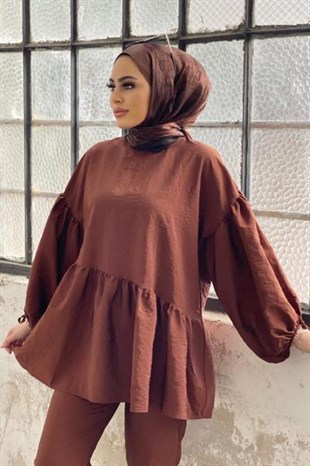 Balon Kol Pantolonlu Takım Kahverengi