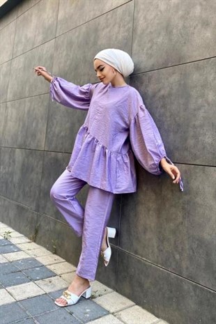 Balon Kol Pantolonlu Takım Lila