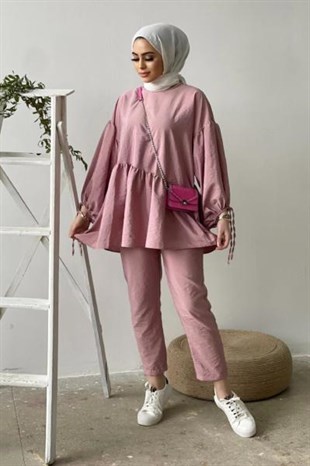 Balon Kol Pantolonlu Takım Pudra