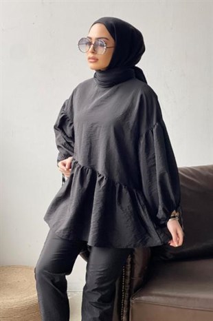 Balon Kol Pantolonlu Takım Siyah