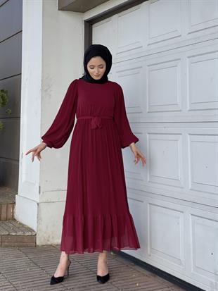 Balon Kol Piliseli Kuşaklı Elbise Bordo