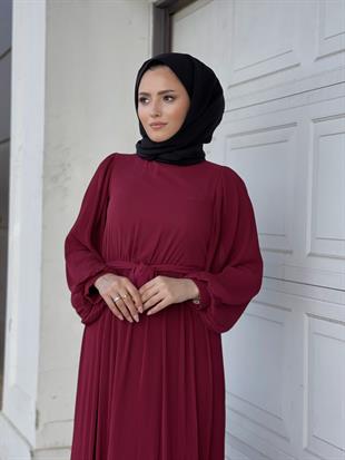 Balon Kol Piliseli Kuşaklı Elbise Bordo