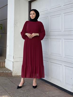 Balon Kol Piliseli Kuşaklı Elbise Bordo