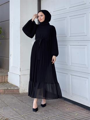 Balon Kol Piliseli Kuşaklı Elbise Siyah