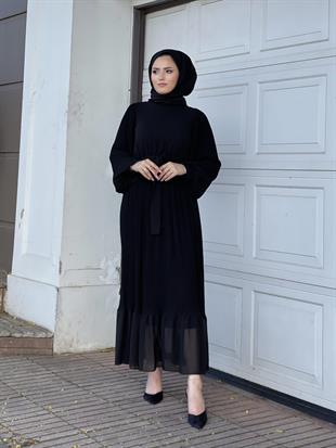 Balon Kol Piliseli Kuşaklı Elbise Siyah