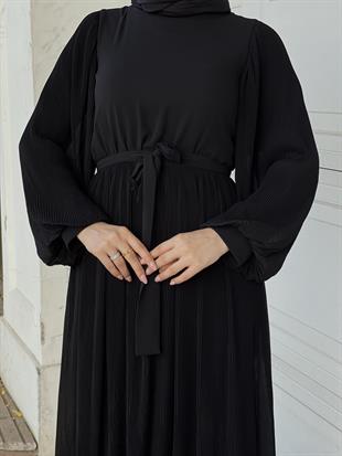 Balon Kol Piliseli Kuşaklı Elbise Siyah