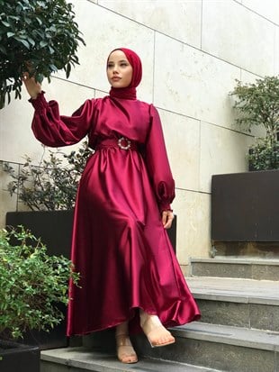 Balon Kol Saten Abiye Bordo