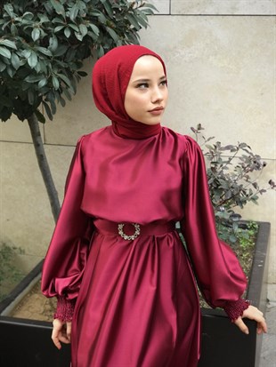 Balon Kol Saten Abiye Bordo