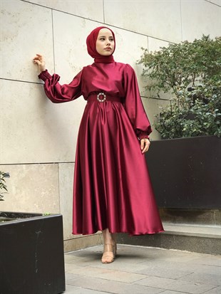 Balon Kol Saten Abiye Bordo