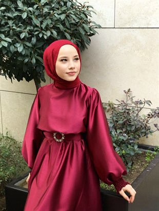 Balon Kol Saten Abiye Bordo