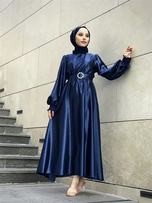 Balon Kol Saten Abiye Lacivert