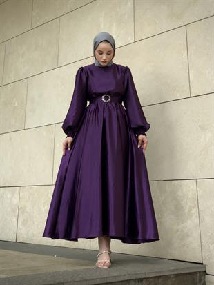 Balon Kol Saten Abiye Mor