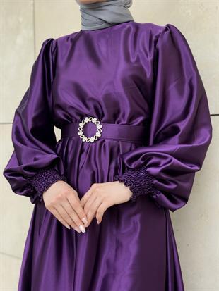 Balon Kol Saten Abiye Mor