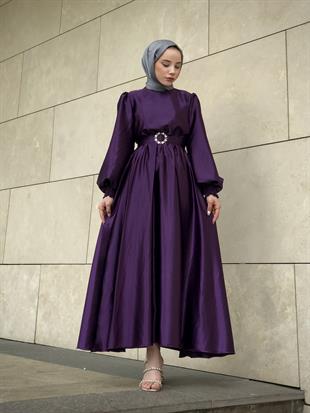 Balon Kol Saten Abiye Mor