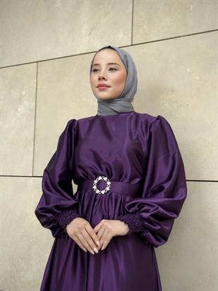 Balon Kol Saten Abiye Mor