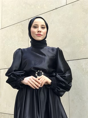 Balon Kol Saten Abiye Siyah