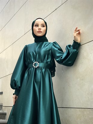 Balon Kol Saten Abiye Yeşil