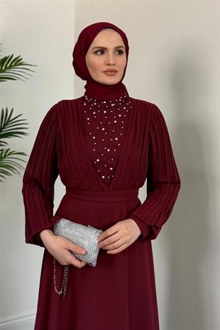 Barniy Önü Taşlı Abiye Bordo
