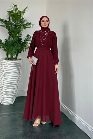 Barniy Önü Taşlı Abiye Bordo