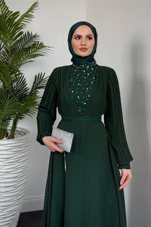 Barniy Önü Taşlı Abiye Zümrüt