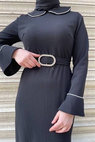 Bebe Yaka Taşlı Krep Elbise Siyah