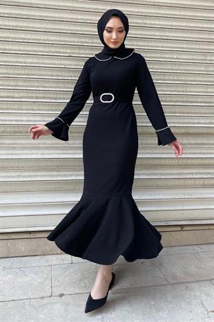 Bebe Yaka Taşlı Krep Elbise Siyah