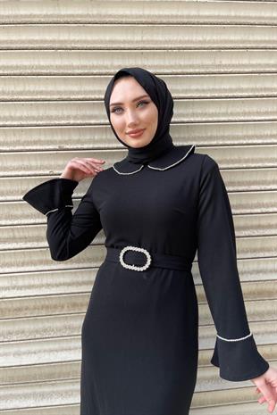 Bebe Yaka Taşlı Krep Elbise Siyah