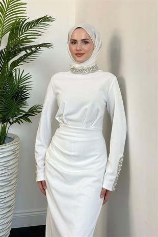 Belary Kolu Ve Boynu Taşlı Abiye Beyaz