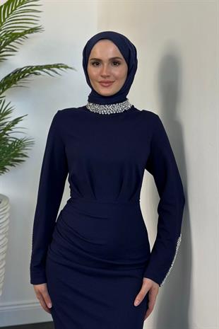 Belary Kolu Ve Boynu Taşlı Abiye Lacivert