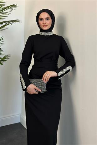 Belary Kolu Ve Boynu Taşlı Abiye Siyah