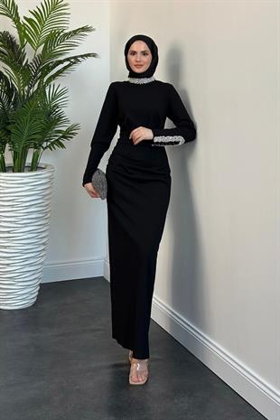 Belary Kolu Ve Boynu Taşlı Abiye Siyah