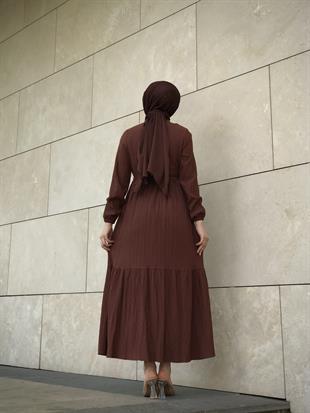 Beli Bağcıklı Gömlek Yaka Merven Elbise Kahverengi